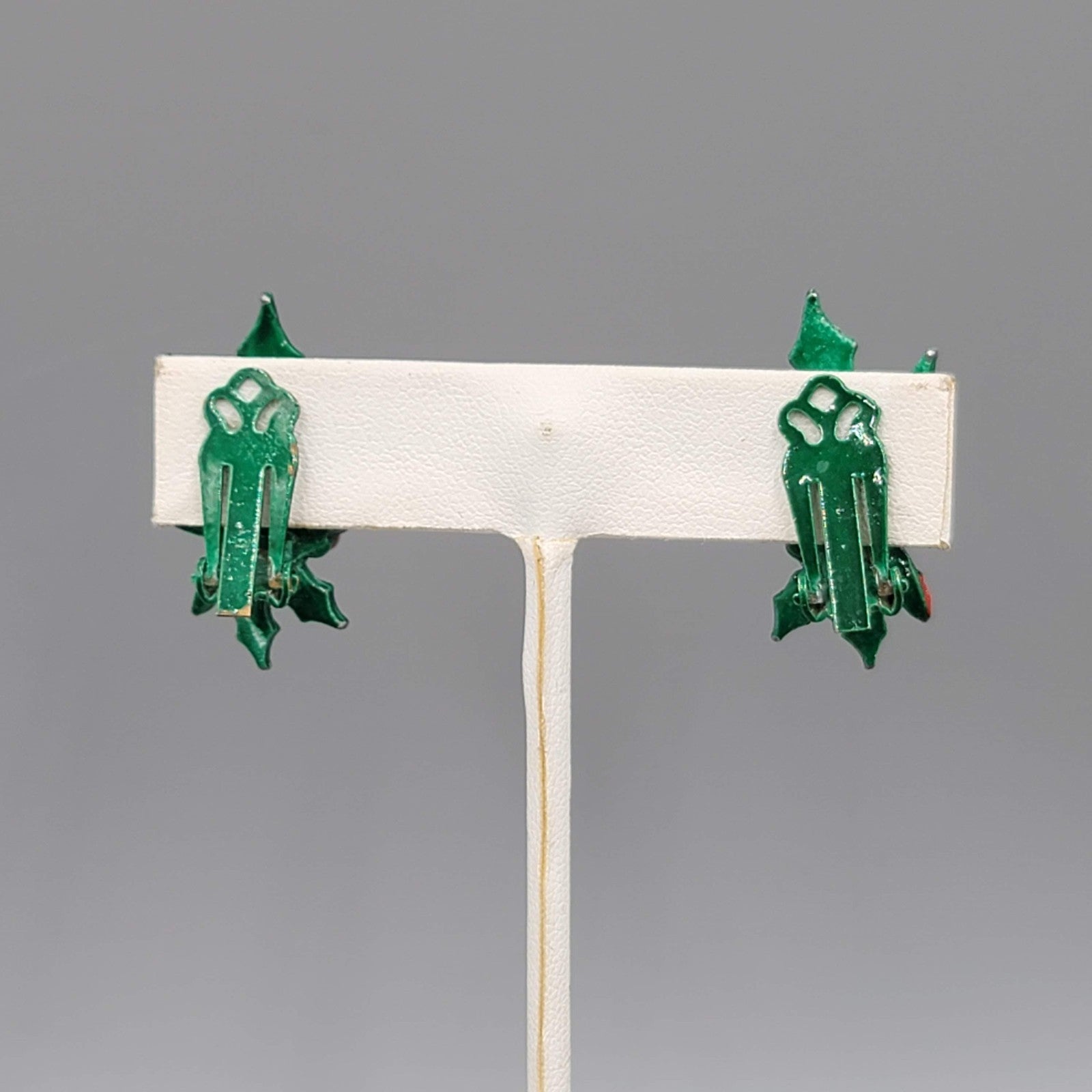 Vintage Enamel Holly Clip on Earrings Christmas Climber 1.25"