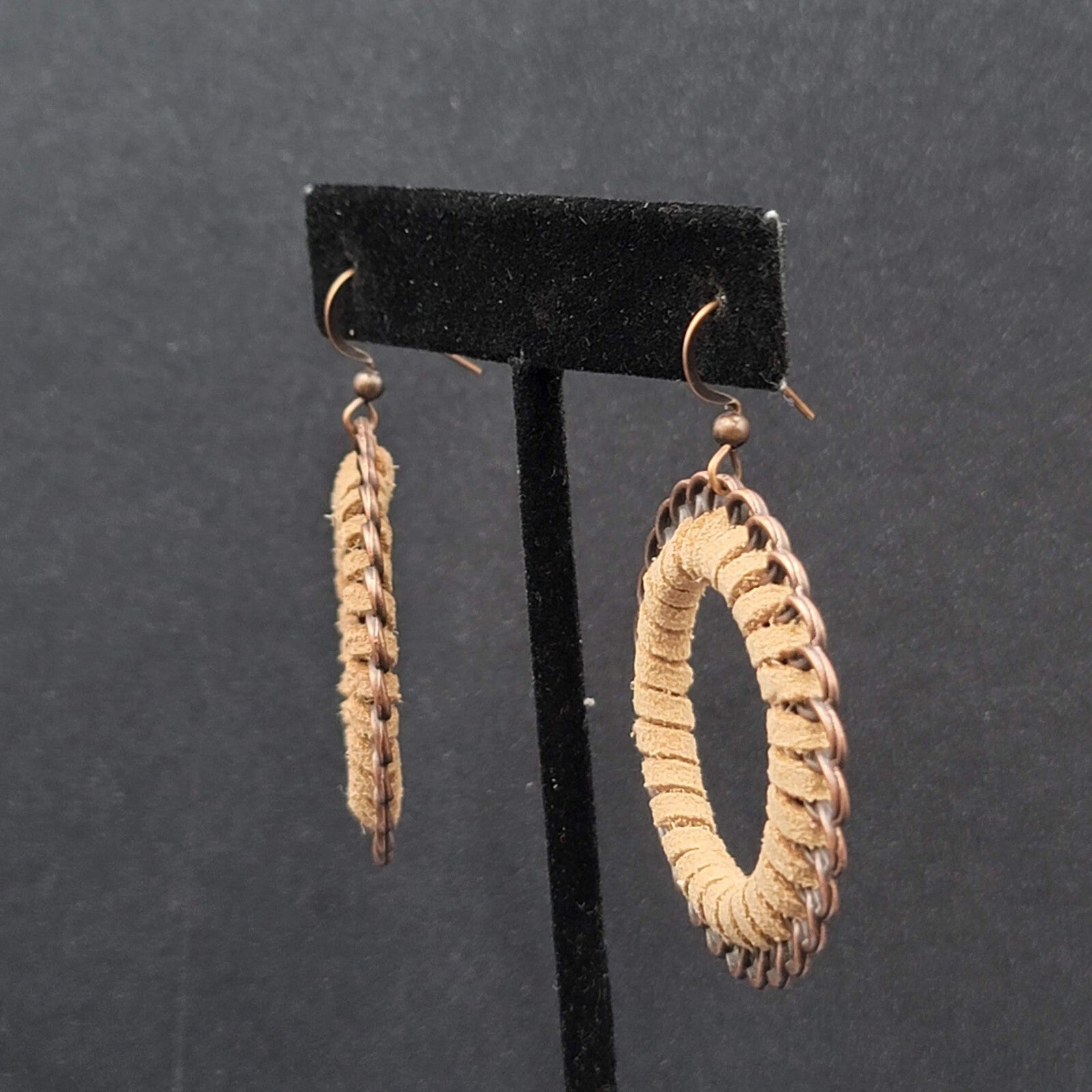 New Boho Pierced Earrings Copper tone Faux Leather Laced Hoops 1.75"