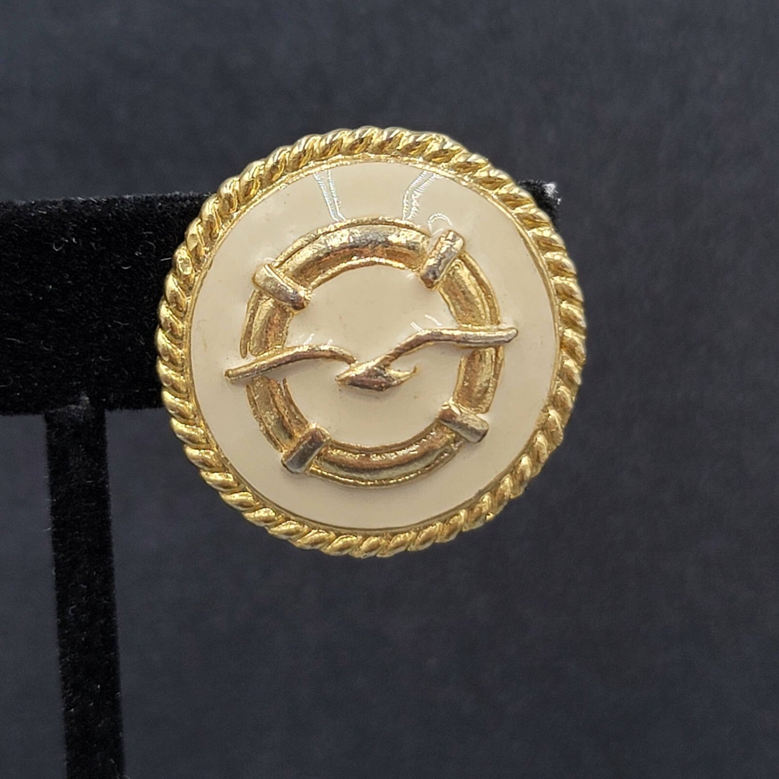 Vintage Clip on Earrings Gold Plated White Enamel Seagull Nautical Round 1 1/8"
