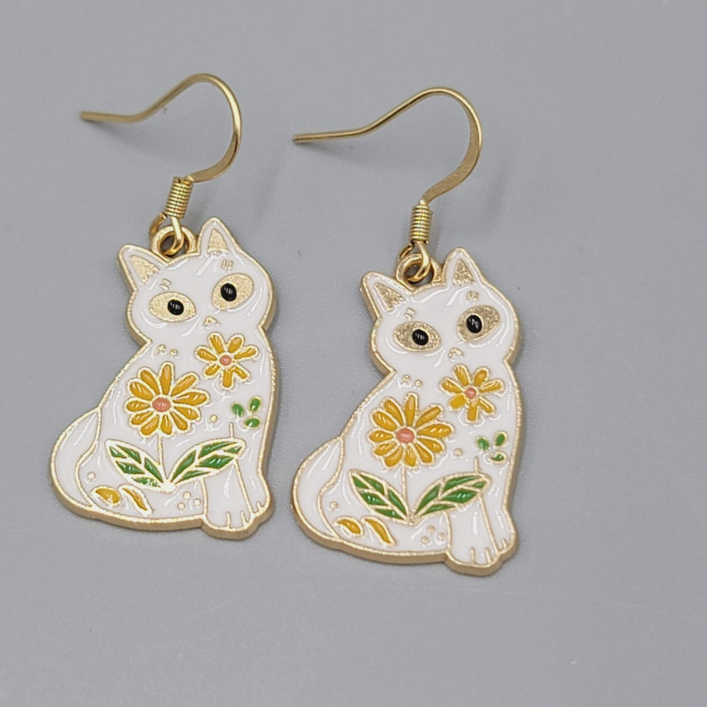 White Kitty Cat Yellow Flowers Pierced Earrings Enamel Gold tone Dangle 1"