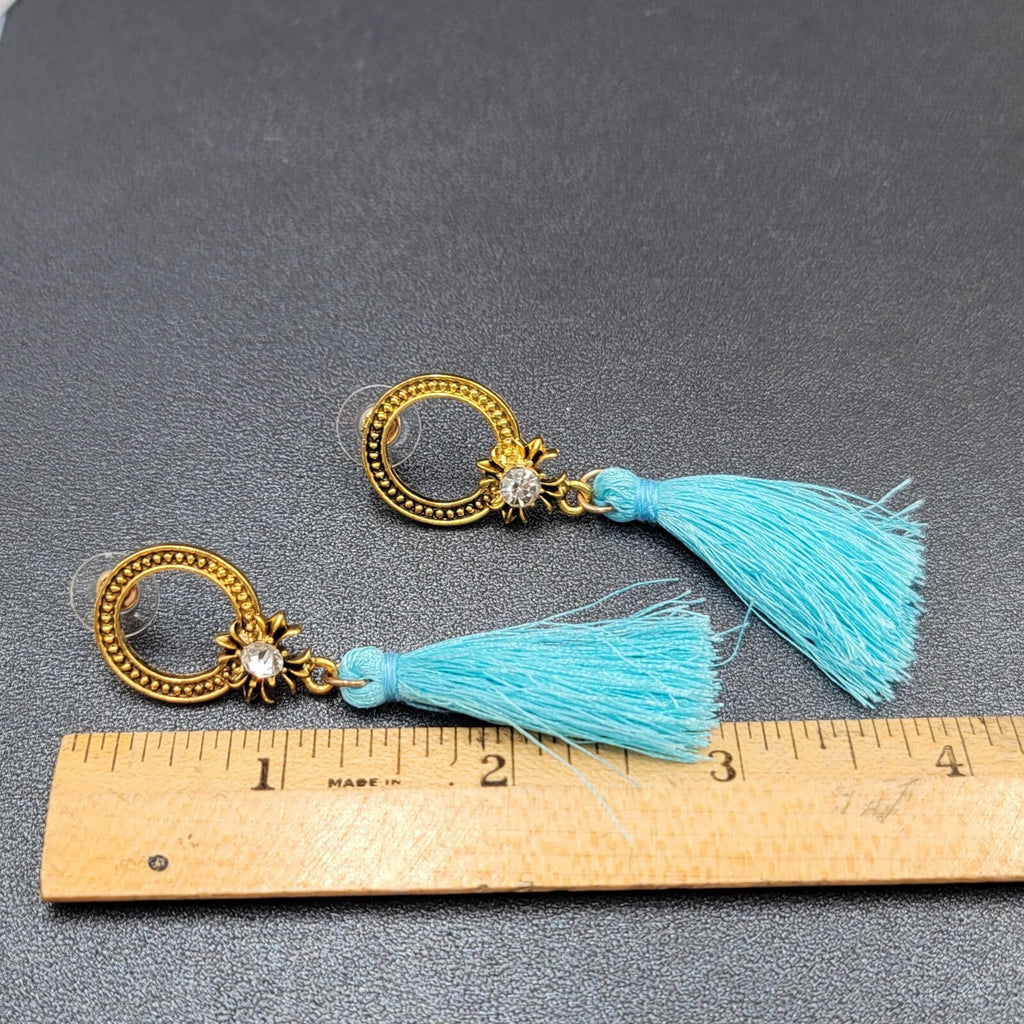 Pierced Earrings Gold tone Blue Tassel Rhinestone Statement Dangle 2.5"