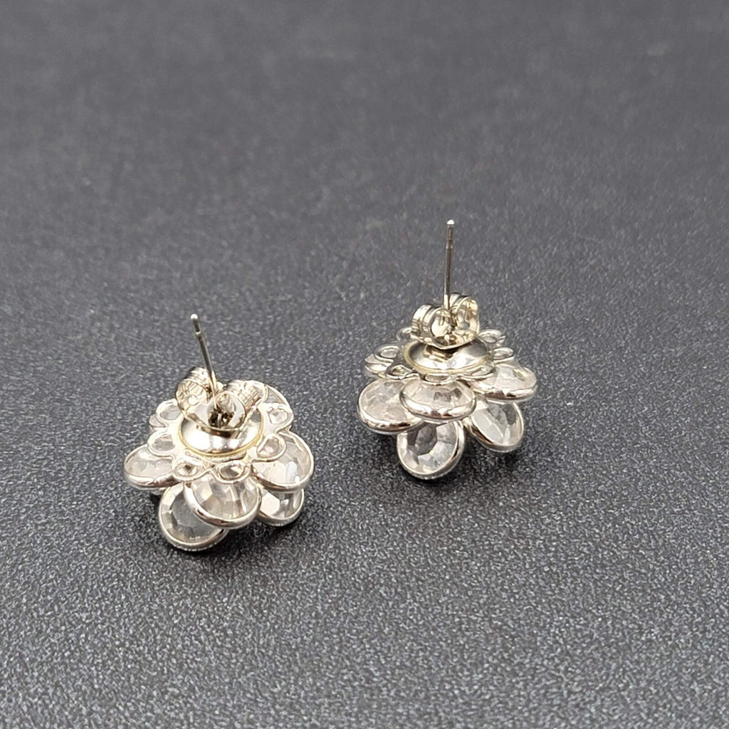 Flower Pierced Earrings Silver tone Clear Faceted Glass Studs 5/8"