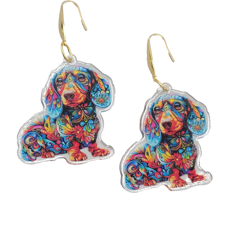 Colorful Dachshund Dog Pierced Earrings Acrylic Dangle Gold tone 1.75"