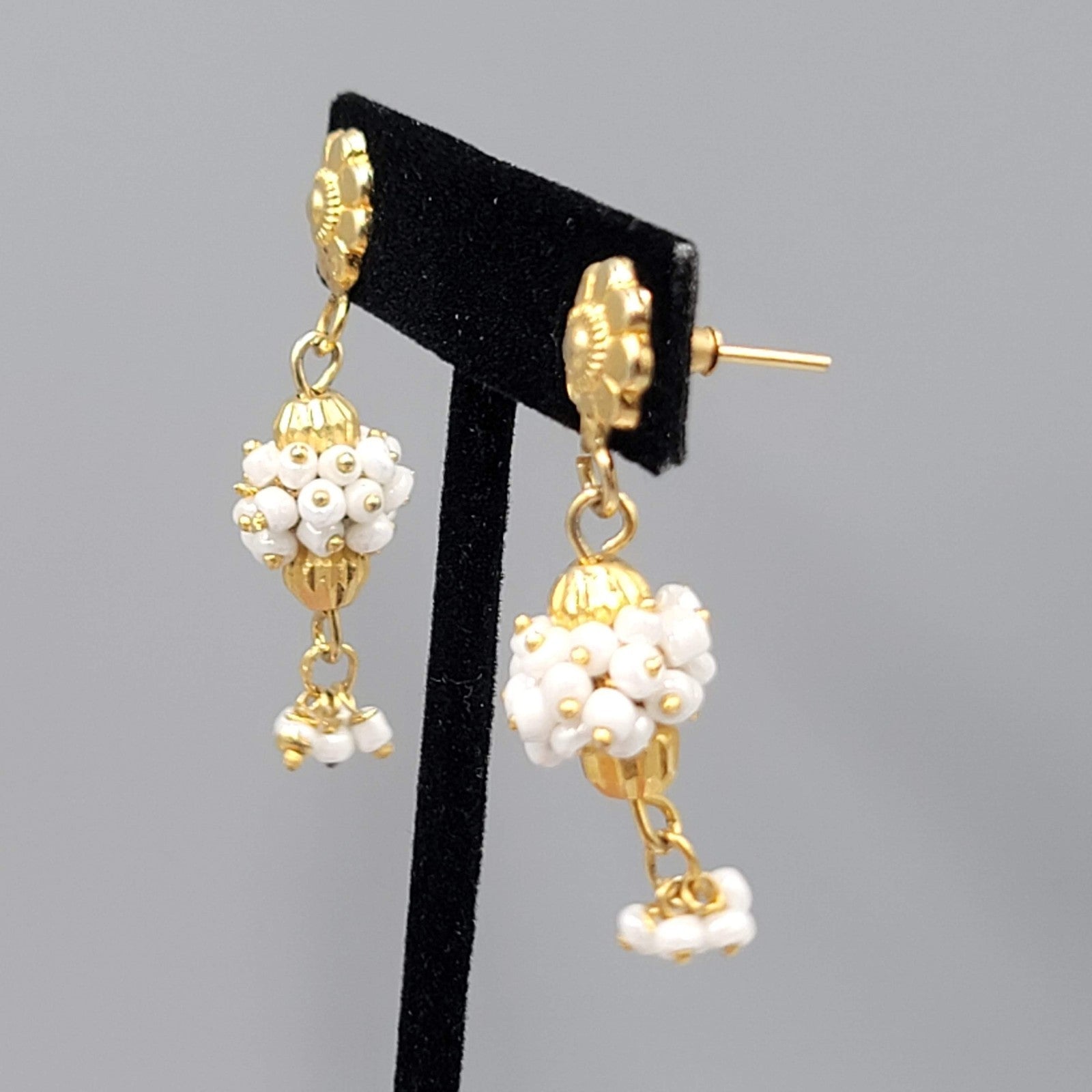 India Gold Plated Pierced Earrings White Bead Dangle 1.5"