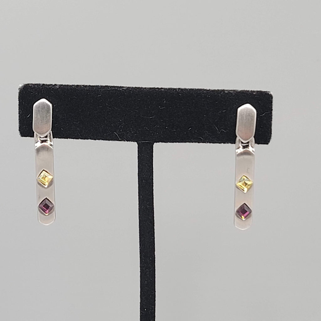 Pierced Earrings Silver tone Yellow Purple Crystal Dangle 1.25"