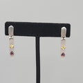 Pierced Earrings Silver tone Yellow Purple Crystal Dangle 1.25"