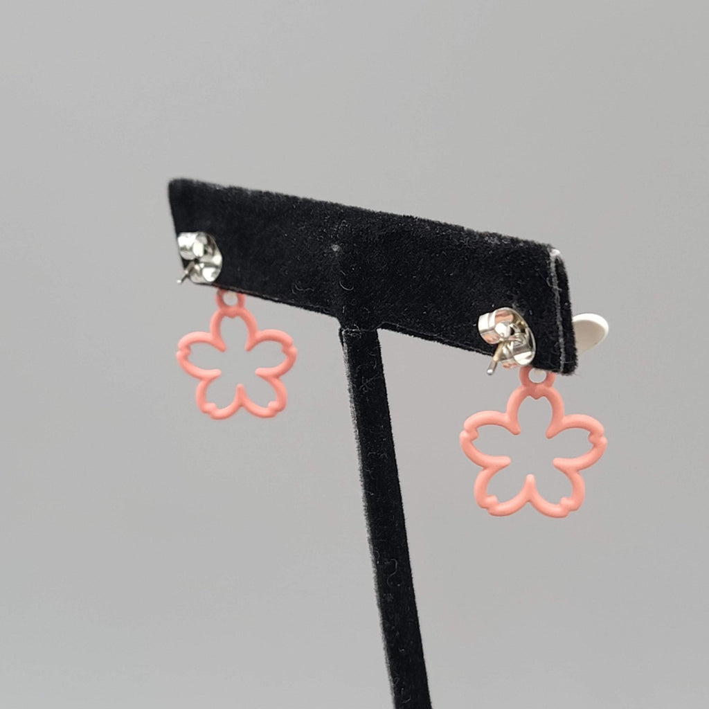 White Heart Pink Flowers Pierced Earrings Matte Enamel Dangle 1 in