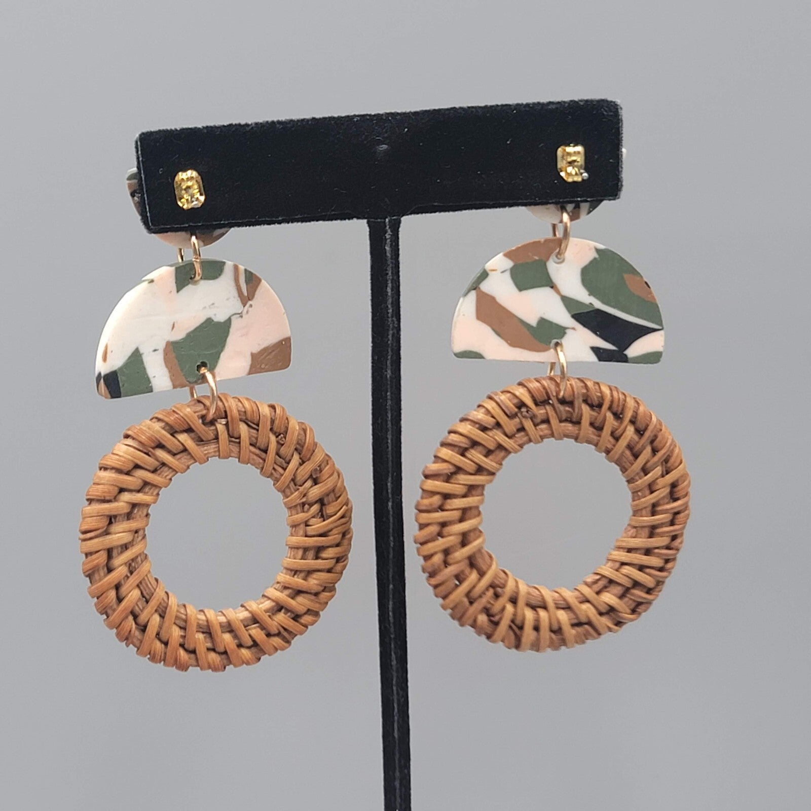 Rattan Multicolor Polymer Clay Pierced Earrings Dangle 2.75"
