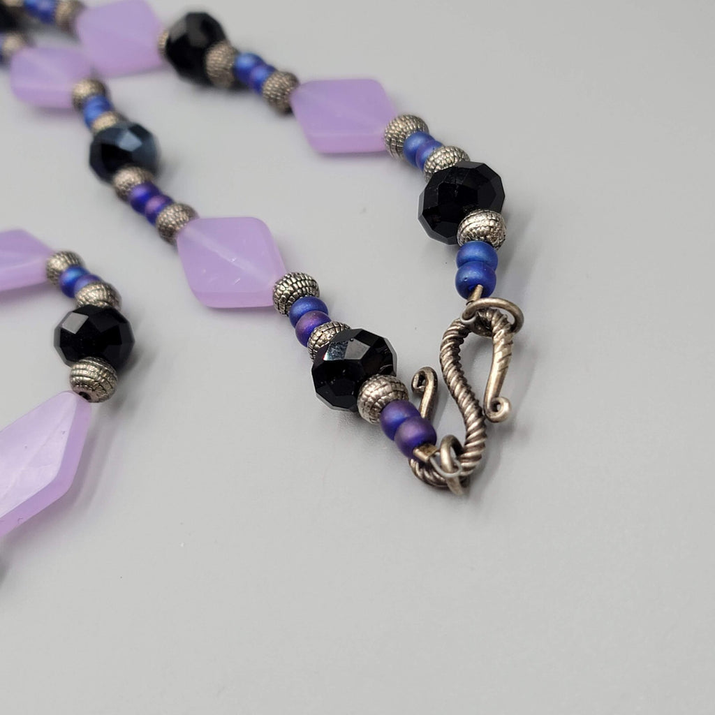 Purple Bead Pendant NecklaceSilver tone Black Beads  22"