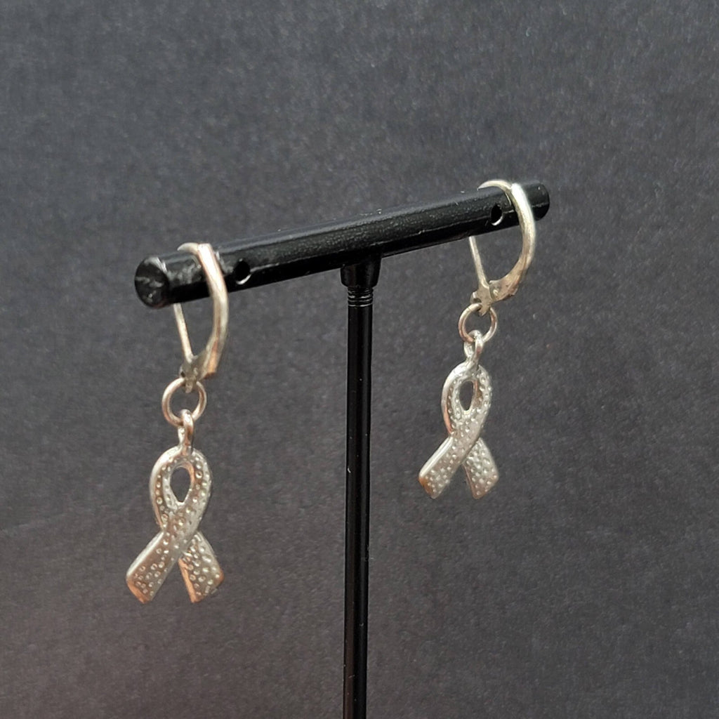 Pierced Earrings Silver tone Pink Enamel Breast Cancer Awareness Ribbon 3/4"