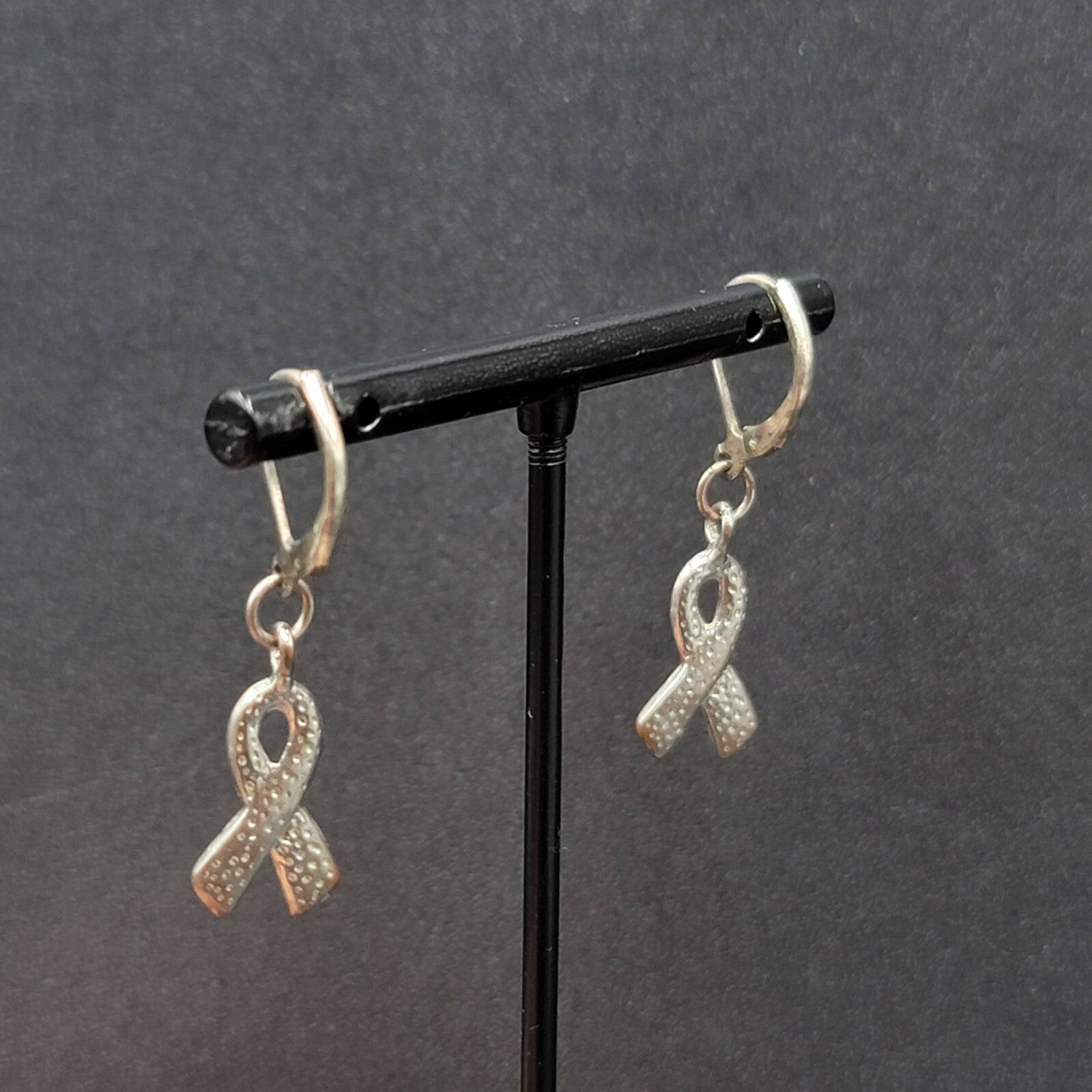 Pierced Earrings Silver tone Pink Enamel Breast Cancer Awareness Ribbon 3/4"
