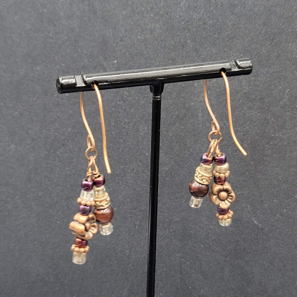 Pierced Earrings Copper tone Red Bead Dangle Flower  1.25"