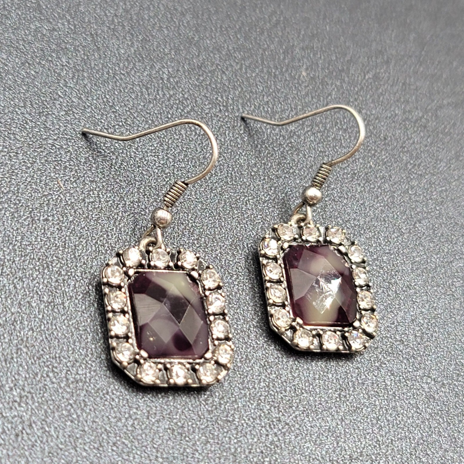 Pierced Earrings Silver tone Rhinestone Gray Faceted Dangle 3/4"