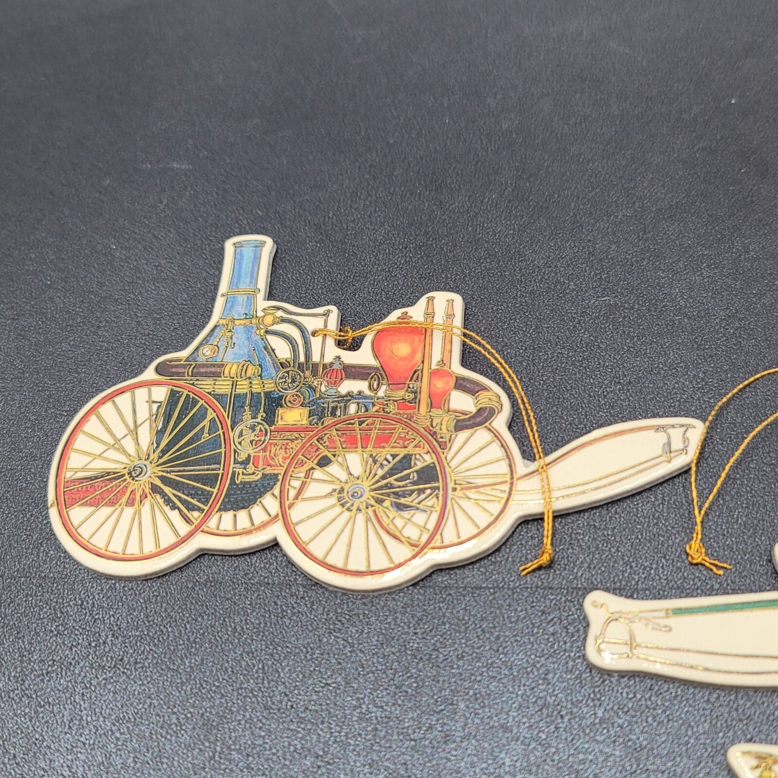 Vintage Shackman Diecut Gold Stamped 4 Ornaments Vehicles 1999