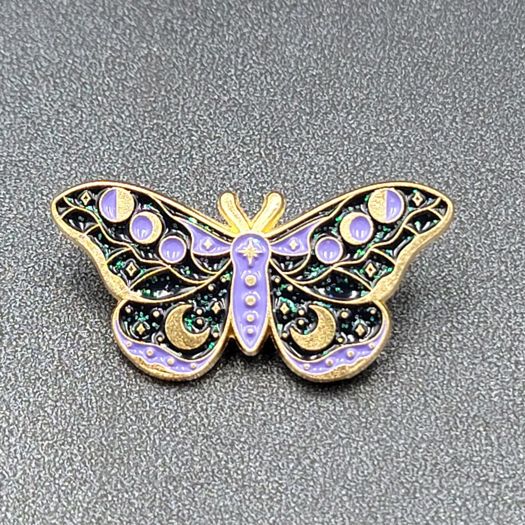 Moth Purple Black Enamel Moon Phase Lapel Hat Pin 1.5"