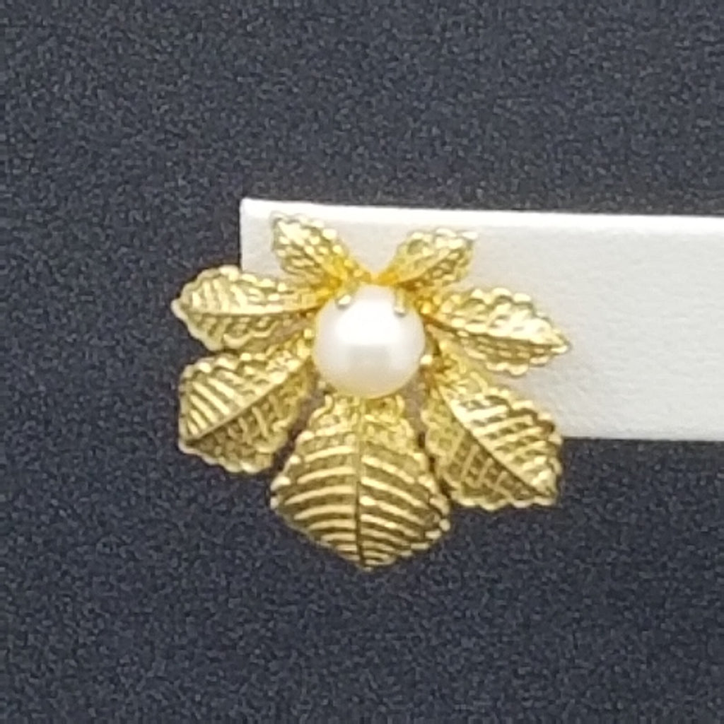 Vintage Clip On Earrings Gold tone Leaf with Faux Pearl Drop 1"