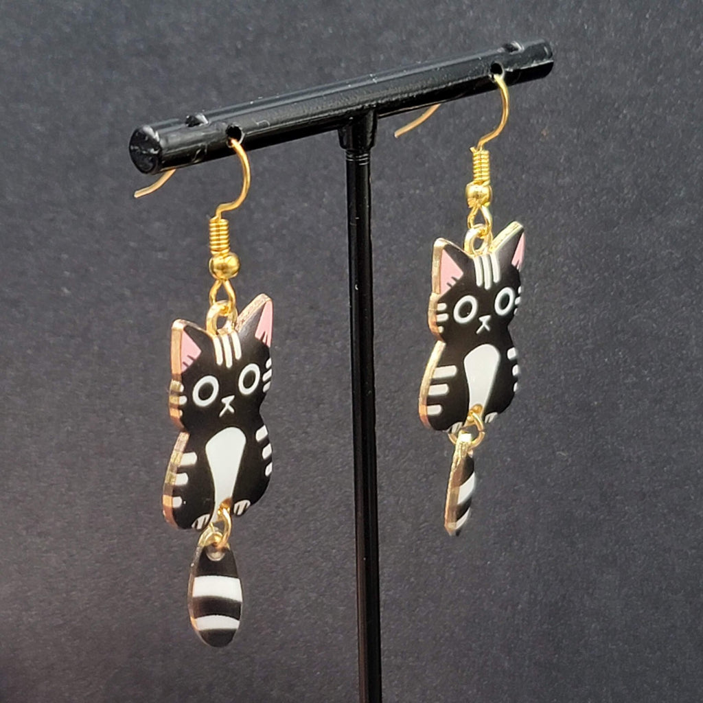 Black Tabby Kitty Cat Pierced Earrings Gold tone Dangle Tail 1.5"