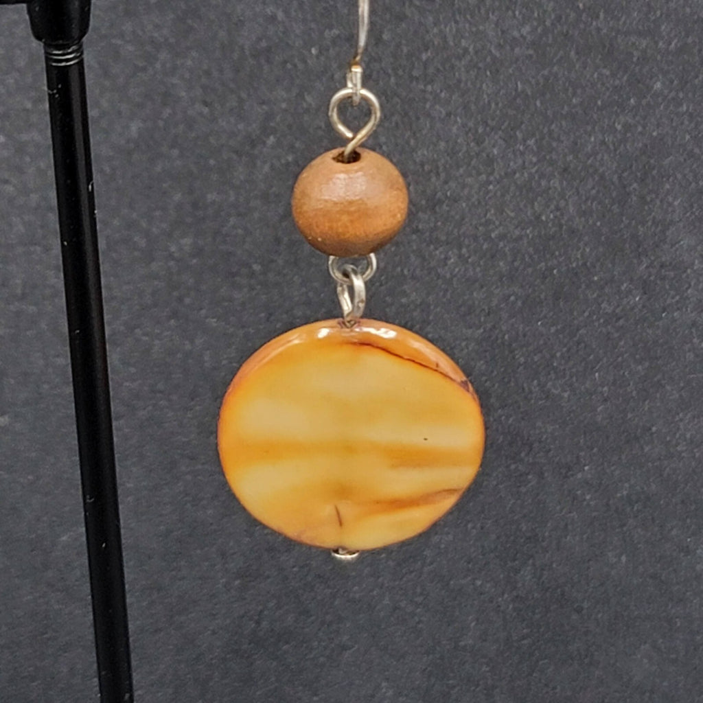 Pierced Earrings Silver tone Wood Bead Brown Round Shell Dangle 1.5"