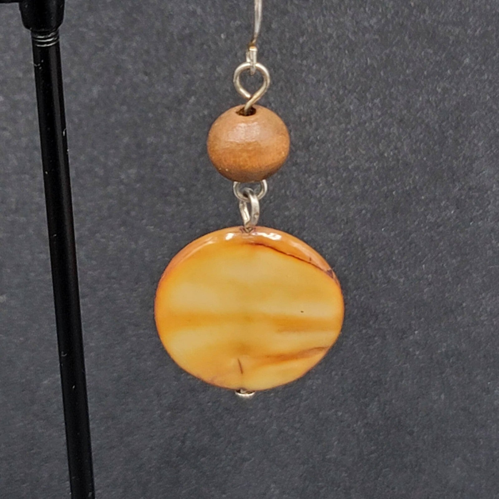 Pierced Earrings Silver tone Wood Bead Brown Round Shell Dangle 1.5"