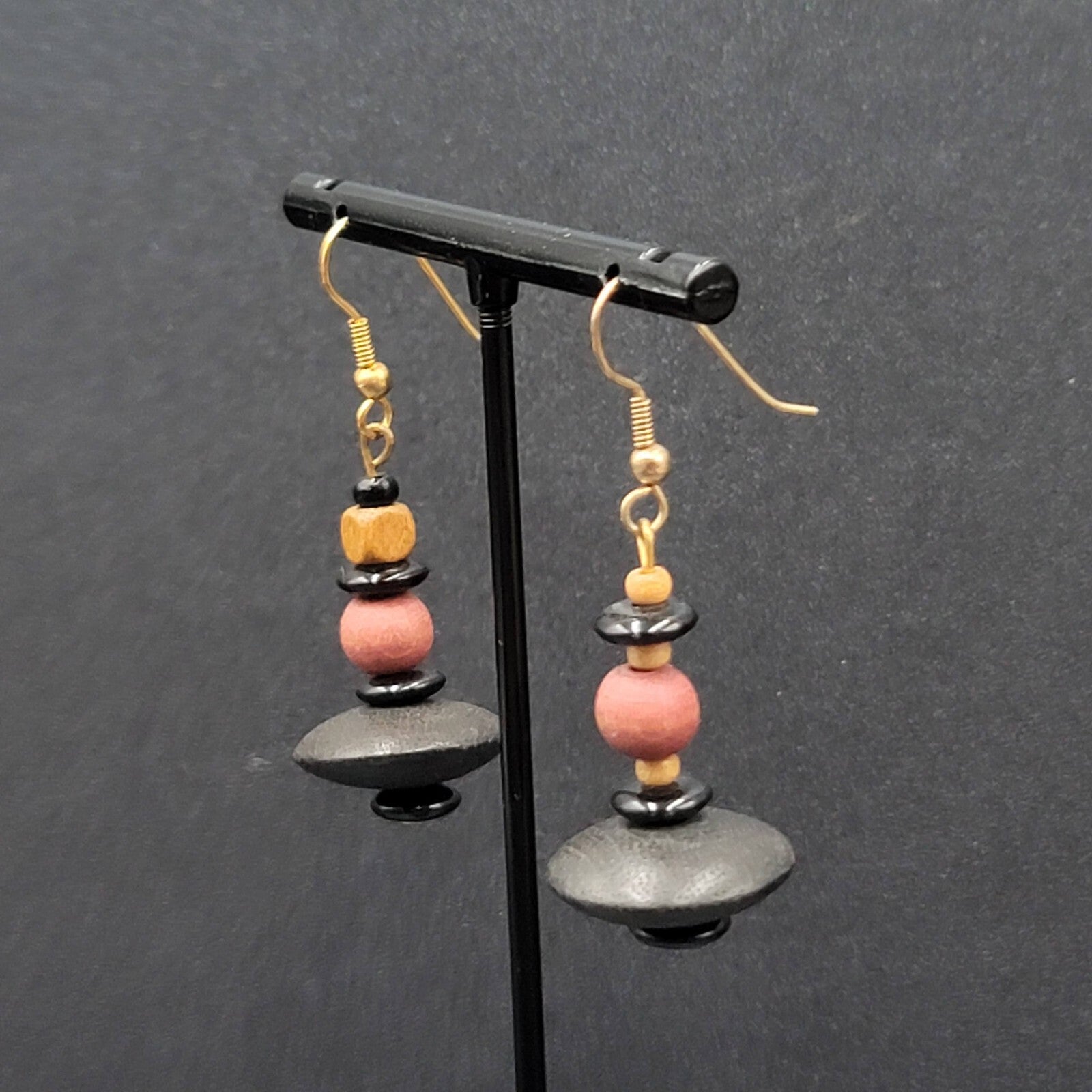 Vintage Boho Pierced Earrings Multicolor Wood Bead Dangle Gold tone 1.25"