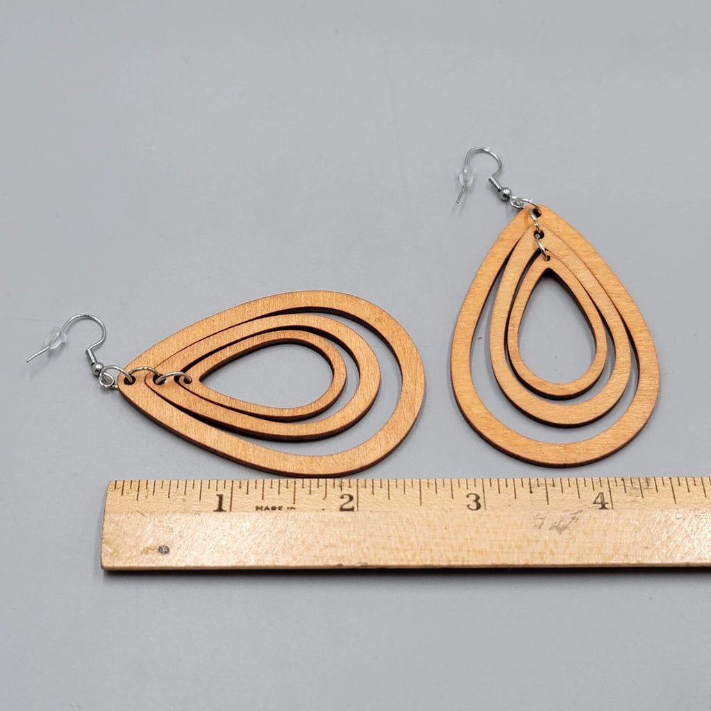 Wood Cut Large Boho Pierced Earrings Silver tone Dangle 2.75 in