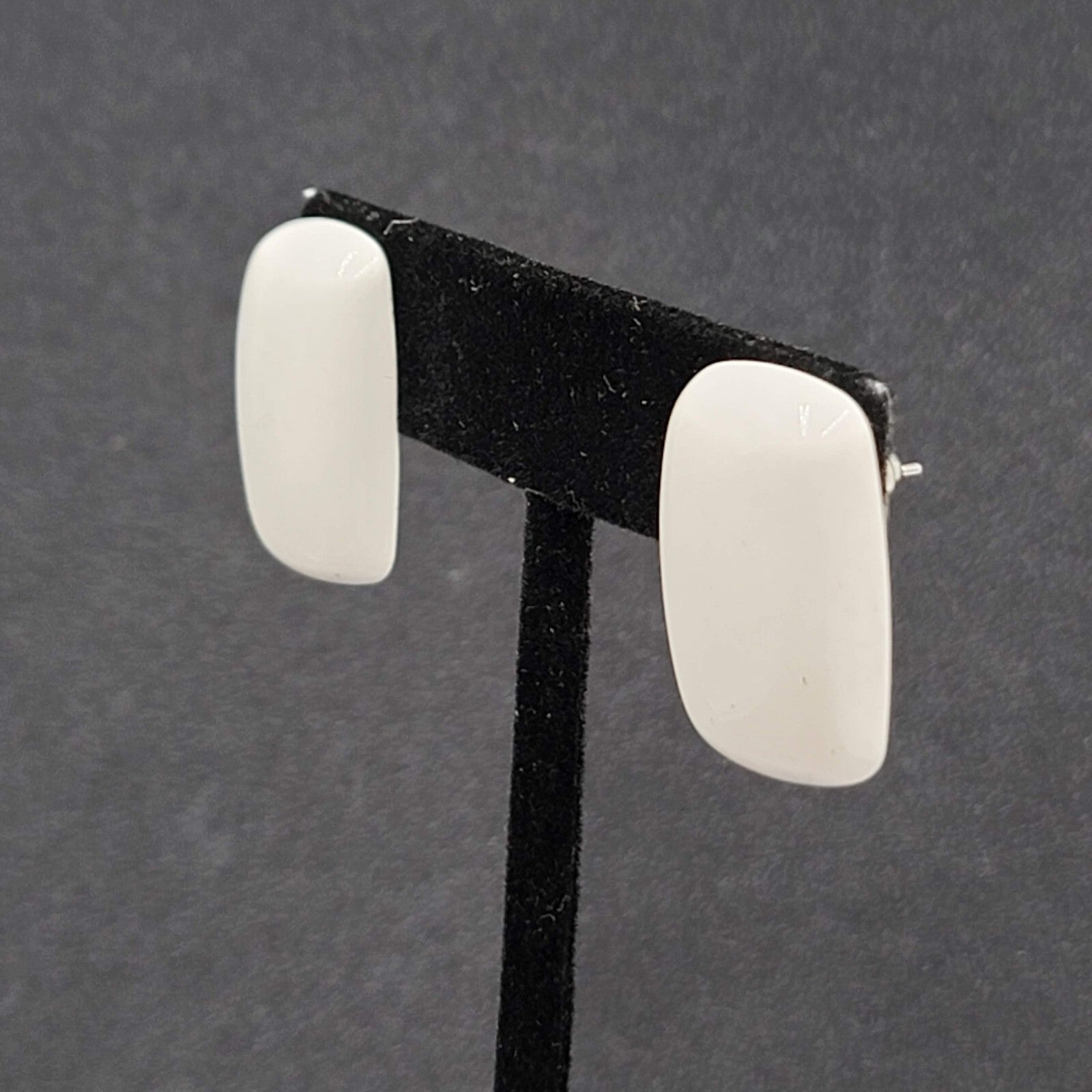 Vintage Pierced Earrings White Enamel over Metal Rectangle Drop 1"