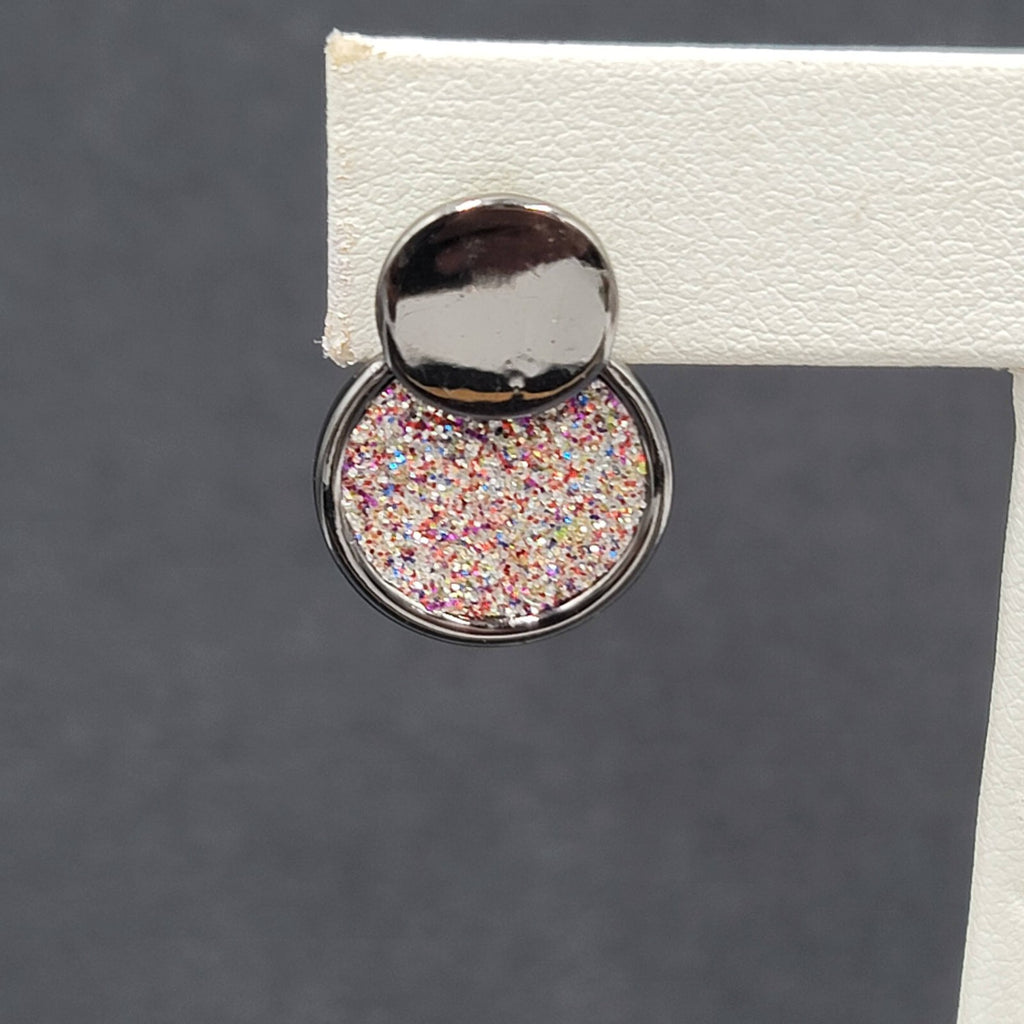 Pierced Earrings Black Metal Pink Glitter Drop Circles 3/4"
