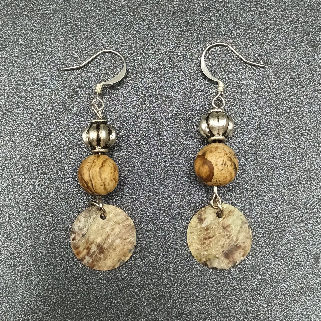 Pierced Earrings Silver tone Beaded Shell Statement Dangle 1 1/2"