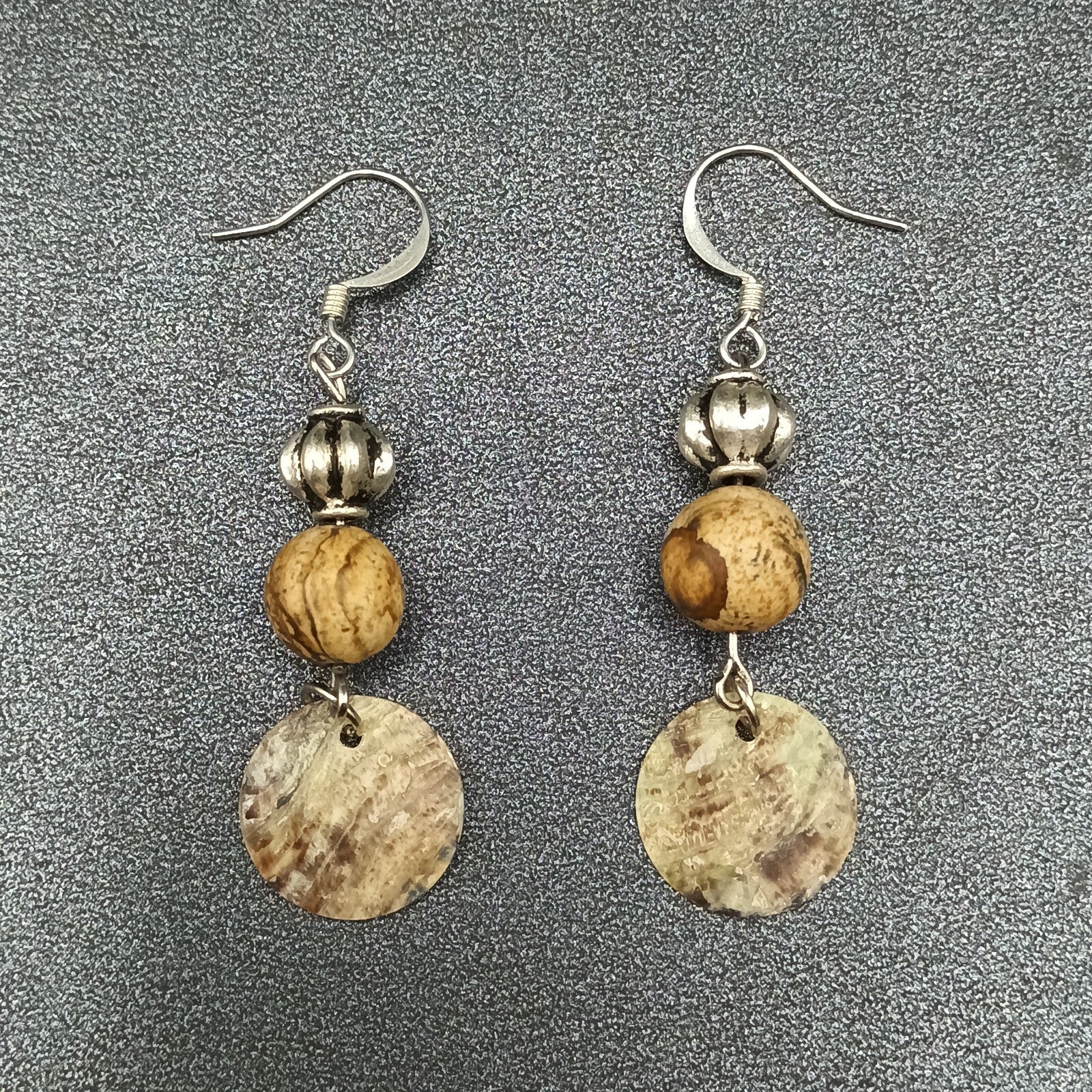 Pierced Earrings Silver tone Beaded Shell Statement Dangle 1 1/2"
