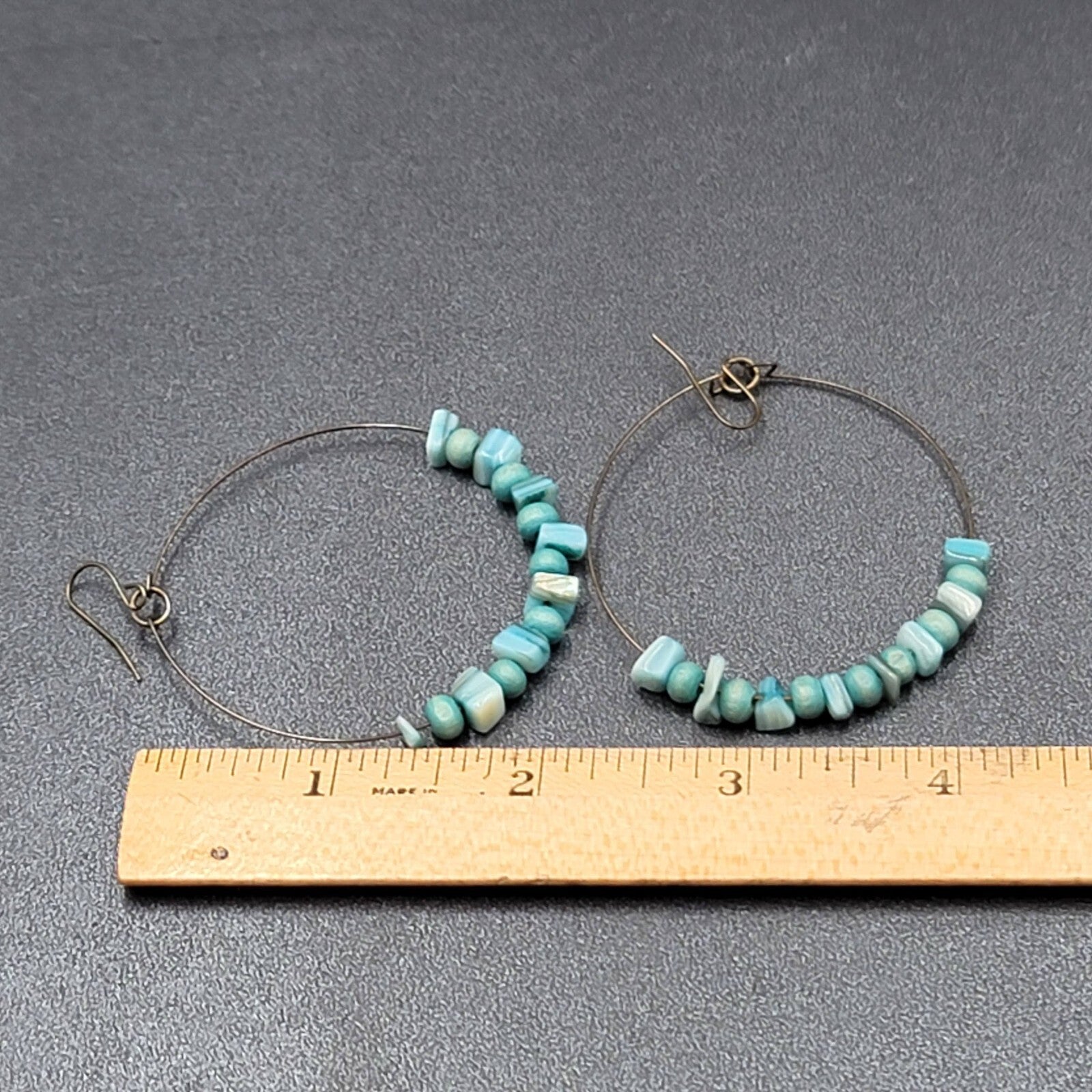 Pierced Earrings Bronze tone Blue Shell and Wood Bead Hoops  2"