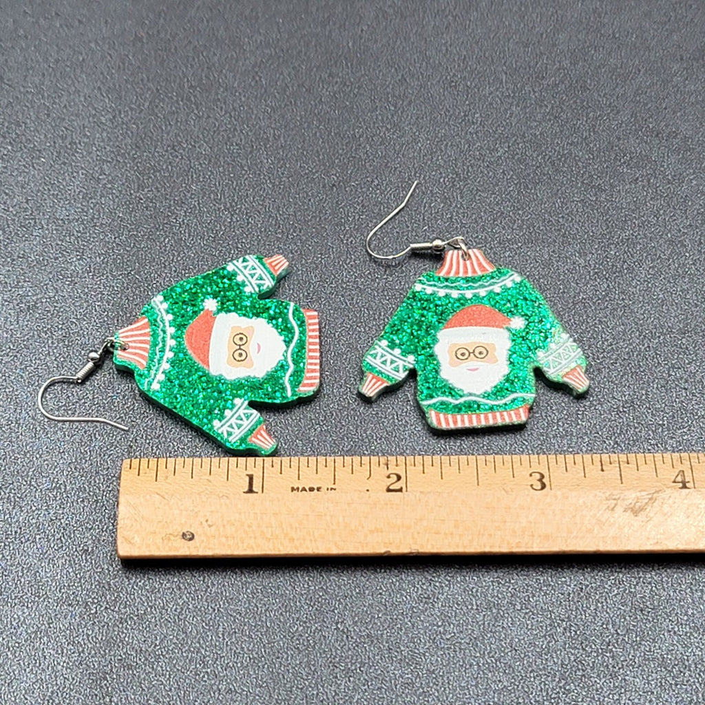 New Pierced Earrings Ugly Christmas Sweater Green Santa Claus Dangle 1.5"