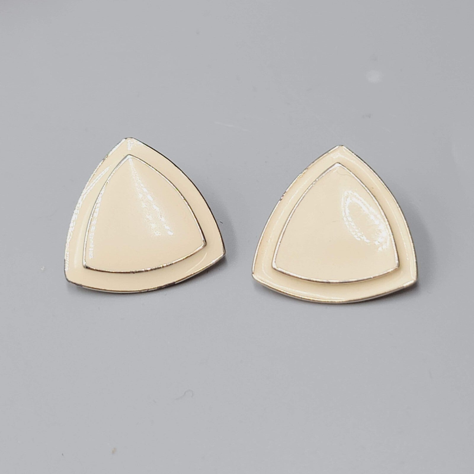 Vintage Pierced Earrings Cream Enamel Triangle Silver tone 1"