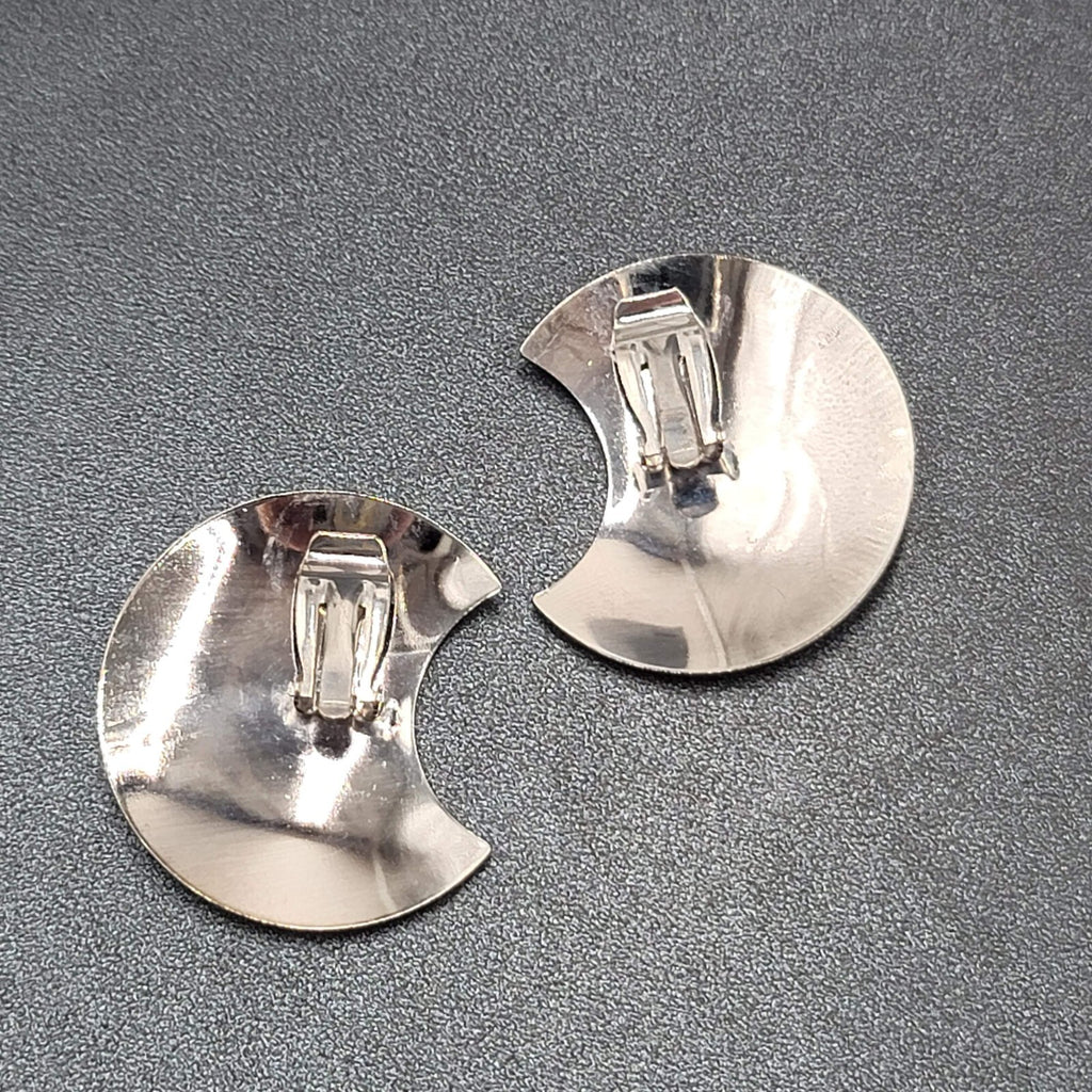 Vintage Clip on Earrings Silver tone Large Statement Enamel Glitter 1.75"