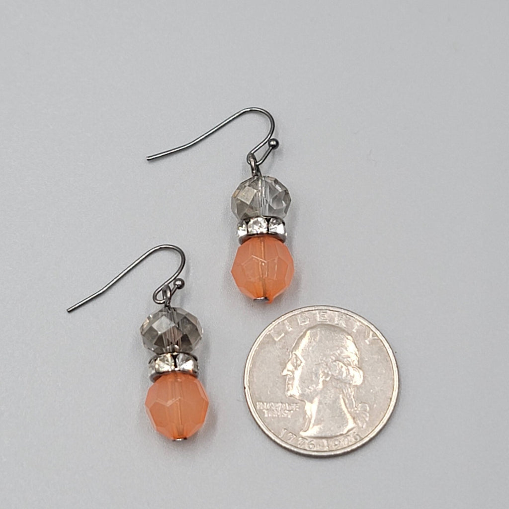 Pierced Earrings Black Metal Peach Clear Crystal Faceted Beads Dangle 1"