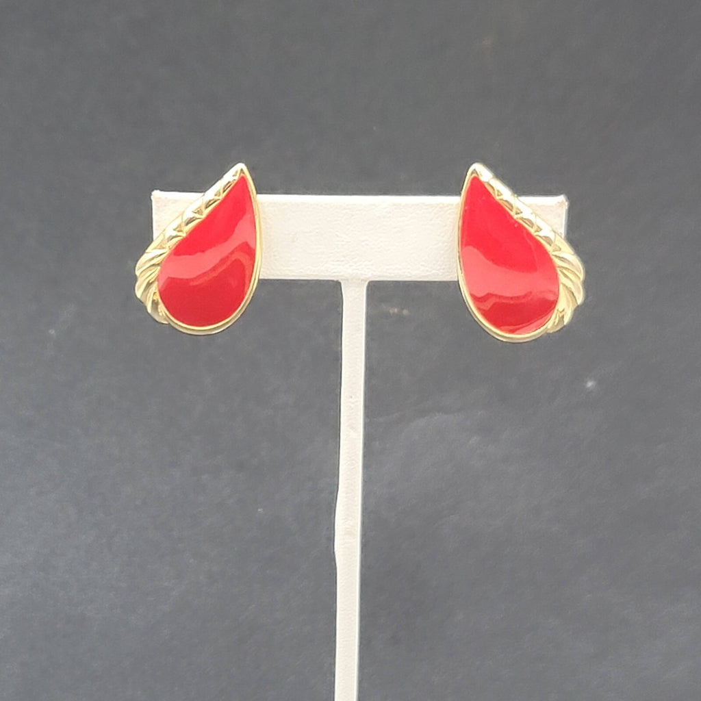 Vintage Pierced Earrings Gold tone Red Enamel Drop Teardrop 1.25"