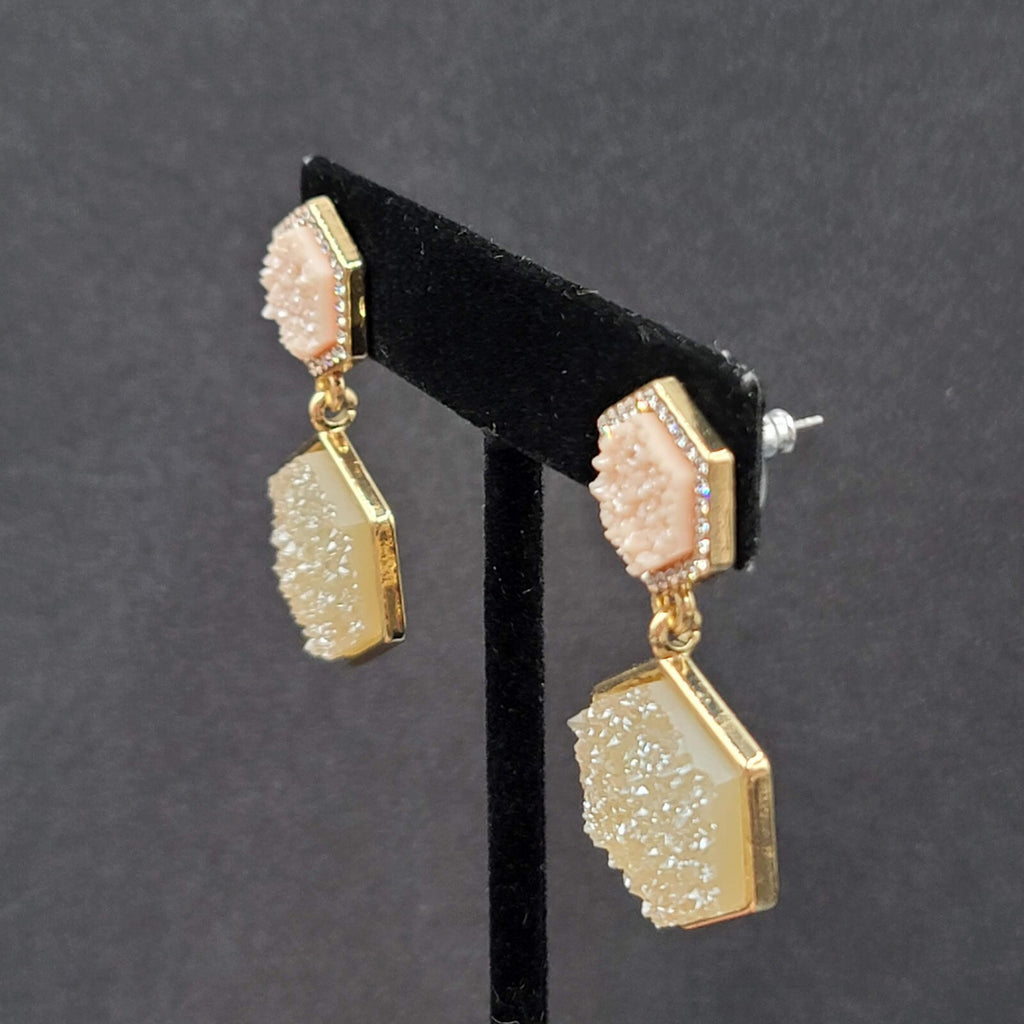 Sugar Fix Pierced Earrings Acrylic Pink Druzy Hexagon Dangle Gold tone 1.5"