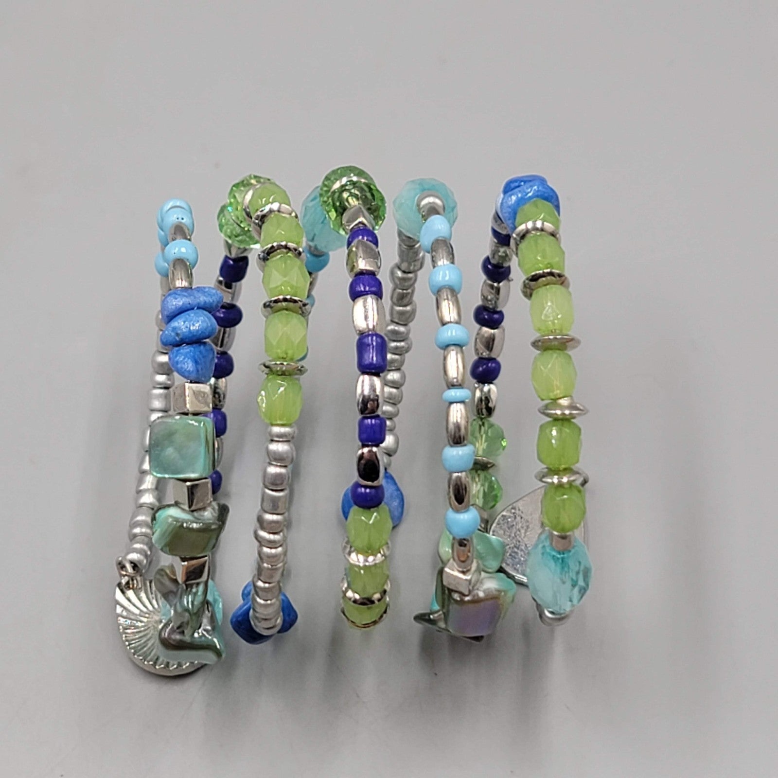Green Blue Bead Wrap Bracelet Silver tone Memory Wire Shell Stone