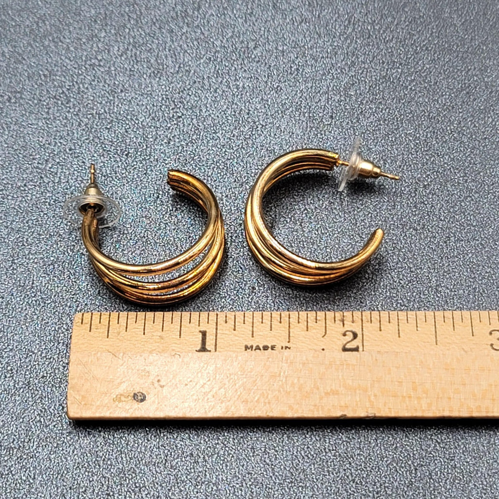 Pierced Earrings Triple Hoops Gold tone 1" Costume Jewely