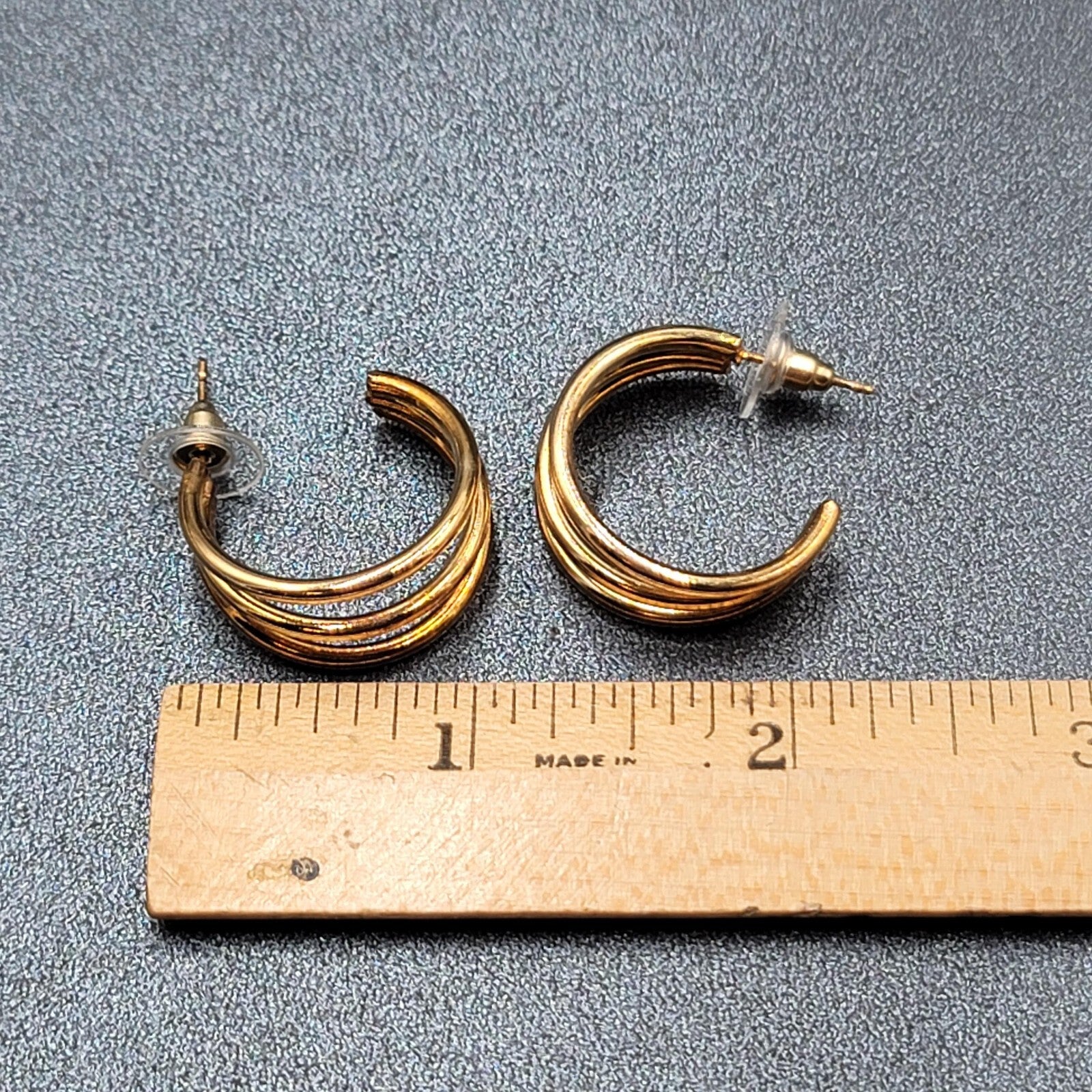 Pierced Earrings Triple Hoops Gold tone 1" Costume Jewely