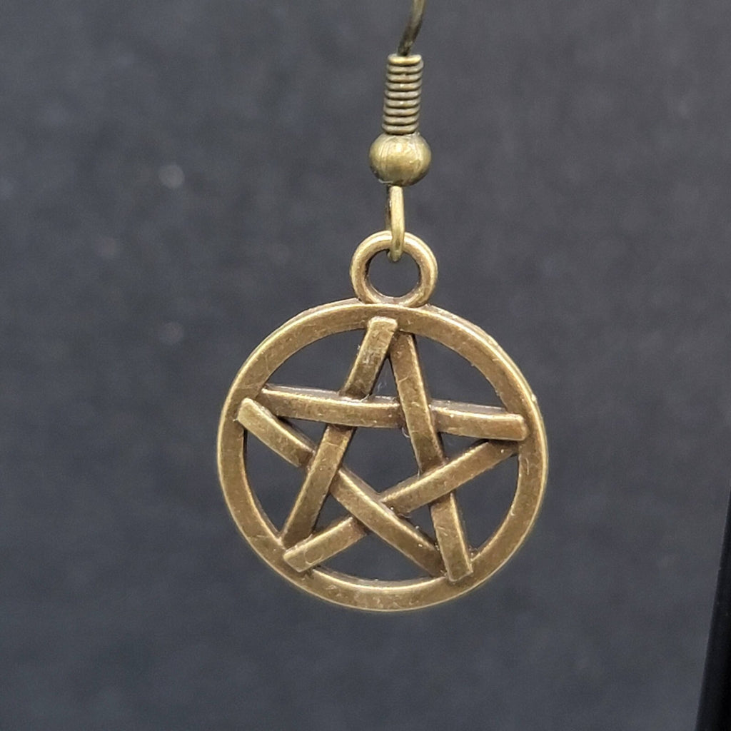 Pierced Earrings Bronze tone Round Pentacle Pentagram Dangle 3/4"