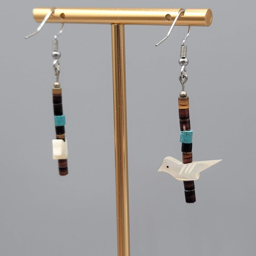 Vintage Bird Fetish Pierced Earrings Heishi Shell Beads Silver tone Dangle 1.5"