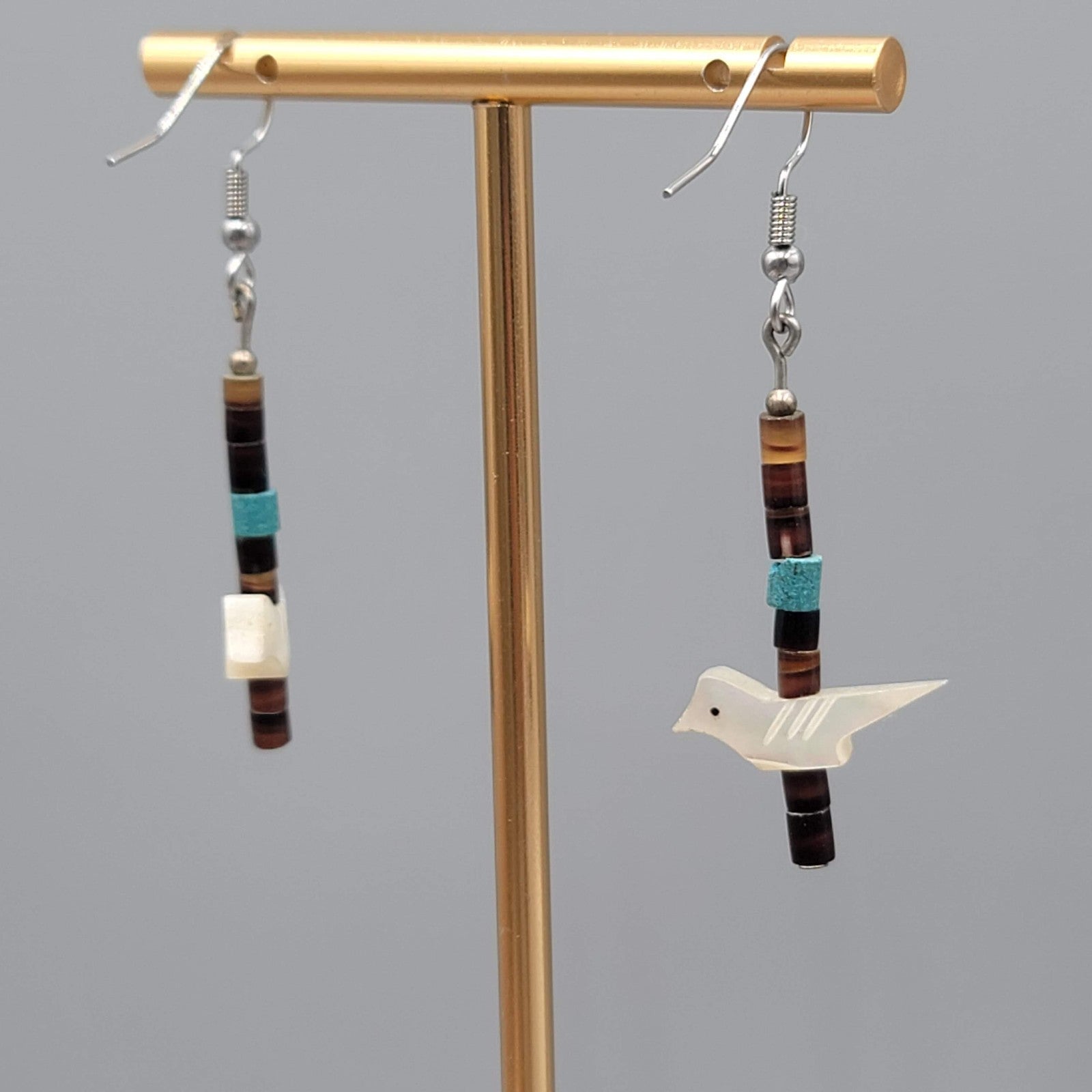 Vintage Bird Fetish Pierced Earrings Heishi Shell Beads Silver tone Dangle 1.5"