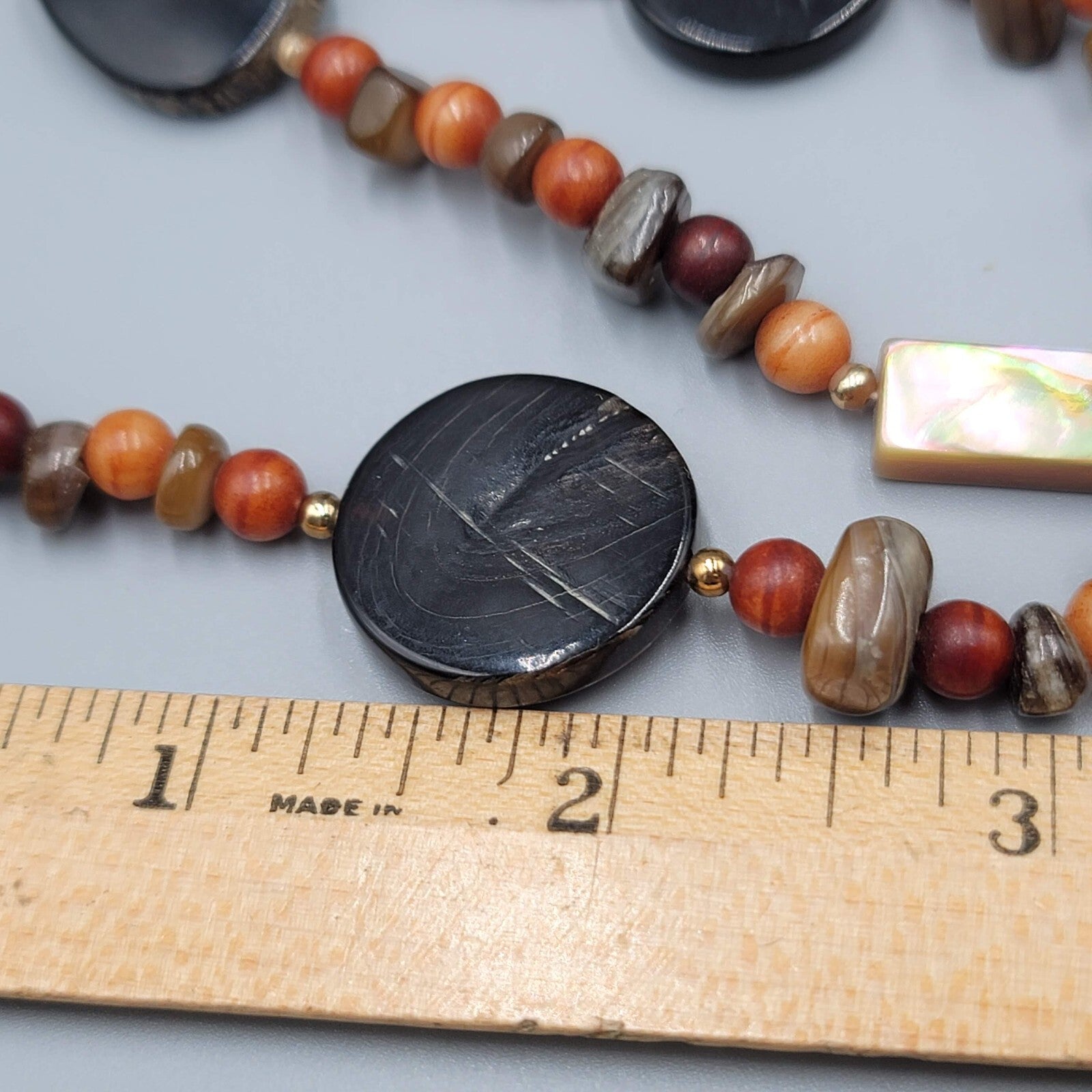 Stone Bead Necklace Abalone Shell Brown Orange Red Long 32"