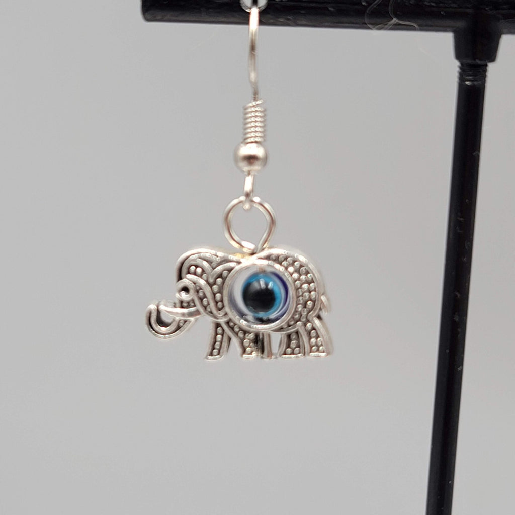 Elephant Evil Eye Pierced Earrings Silver tone Blue Bead Dangle 5/8"