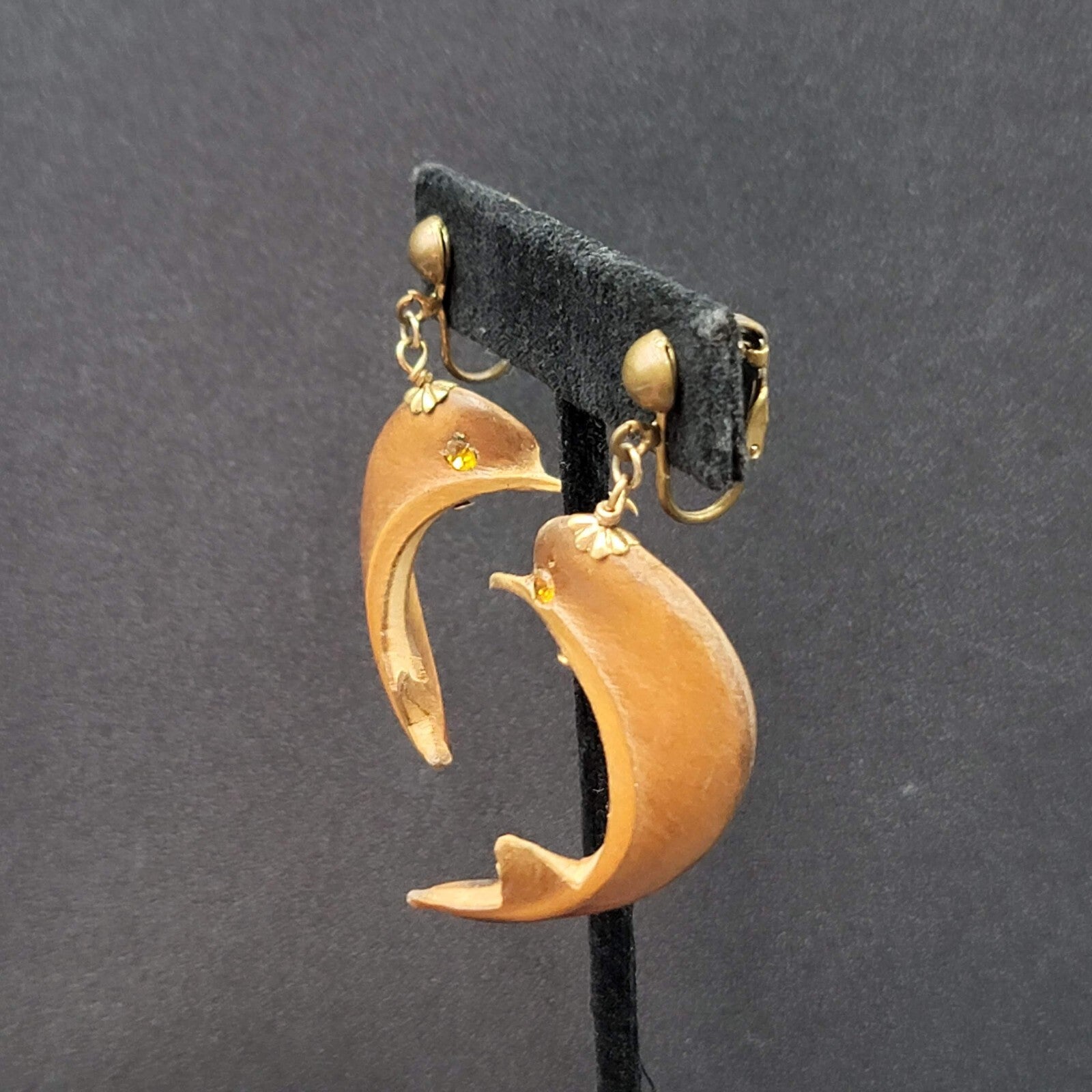 Vintage Clip on Earrings Gold tone Carved Dolphin Dangle Rhinestone 1 5/8"