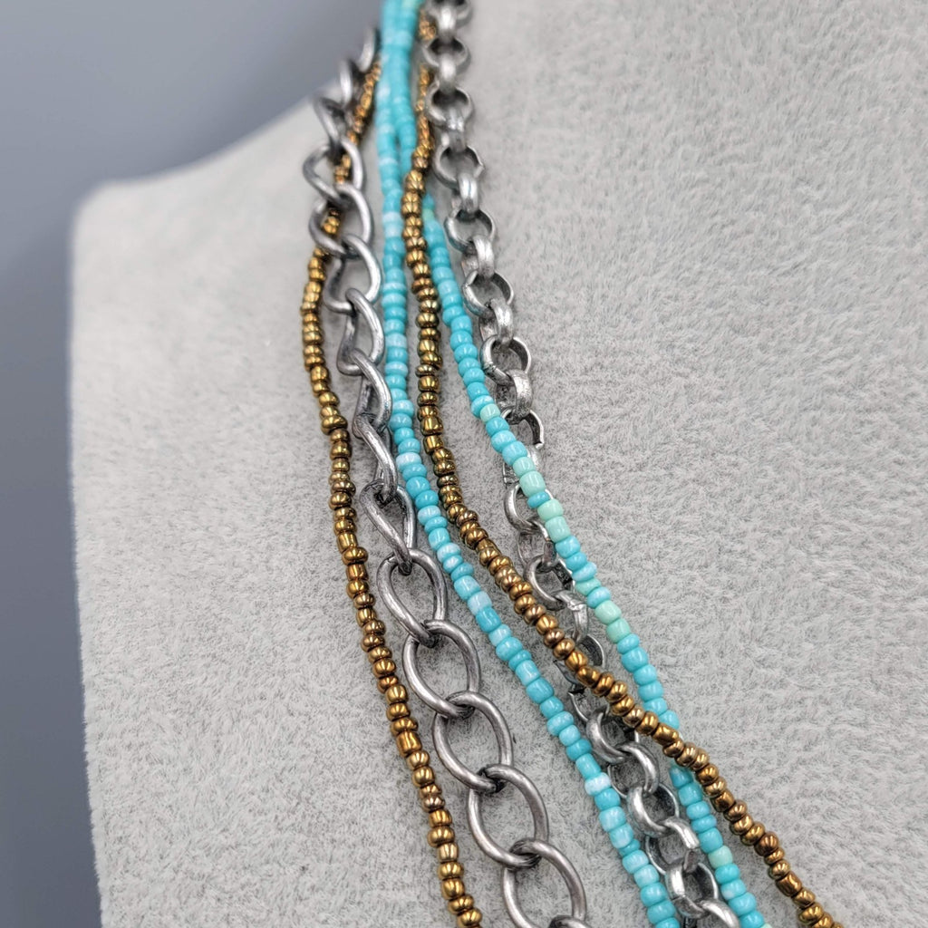 Blue Seed Bead Silver tone Chains Necklace 6 Strand 18"-20"