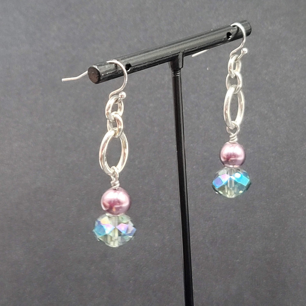 Pierced Earrings Silver tone Blue Crystal Pearl Beaded Dangle 1.75"