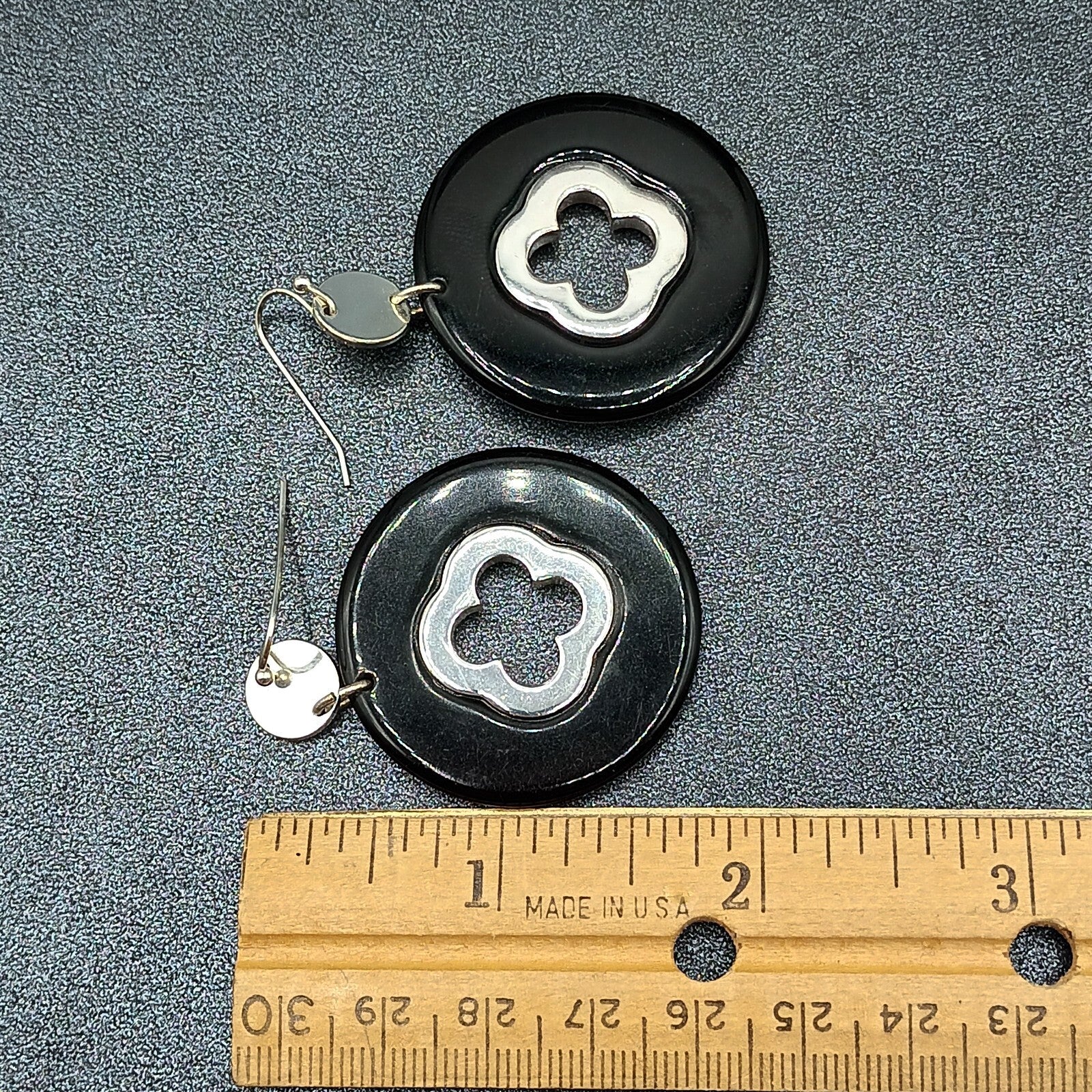 Pierced Earrings Silver tone Black Acrylic Circle Statement Dangle 2"
