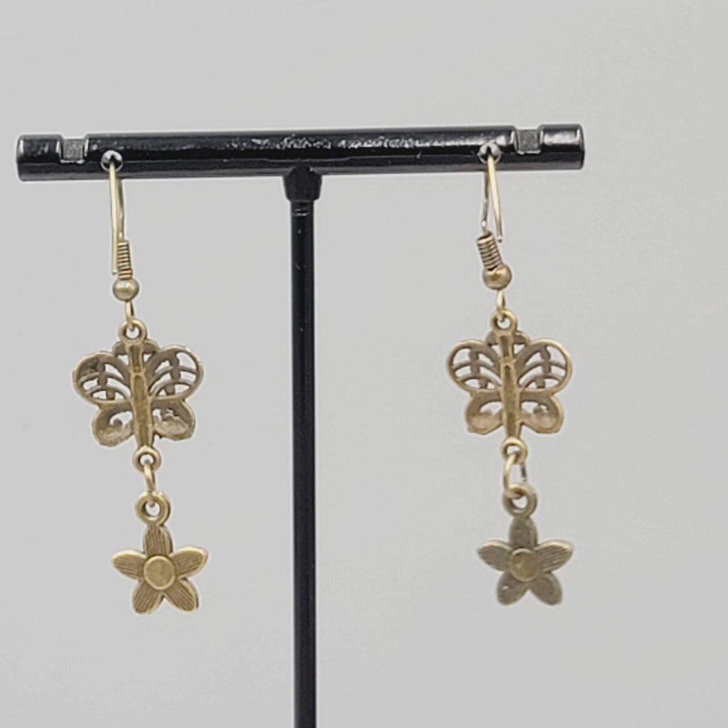 New Filigree Butterfly Flower Pierced Earrings Bronze tone Dangle 1.25"