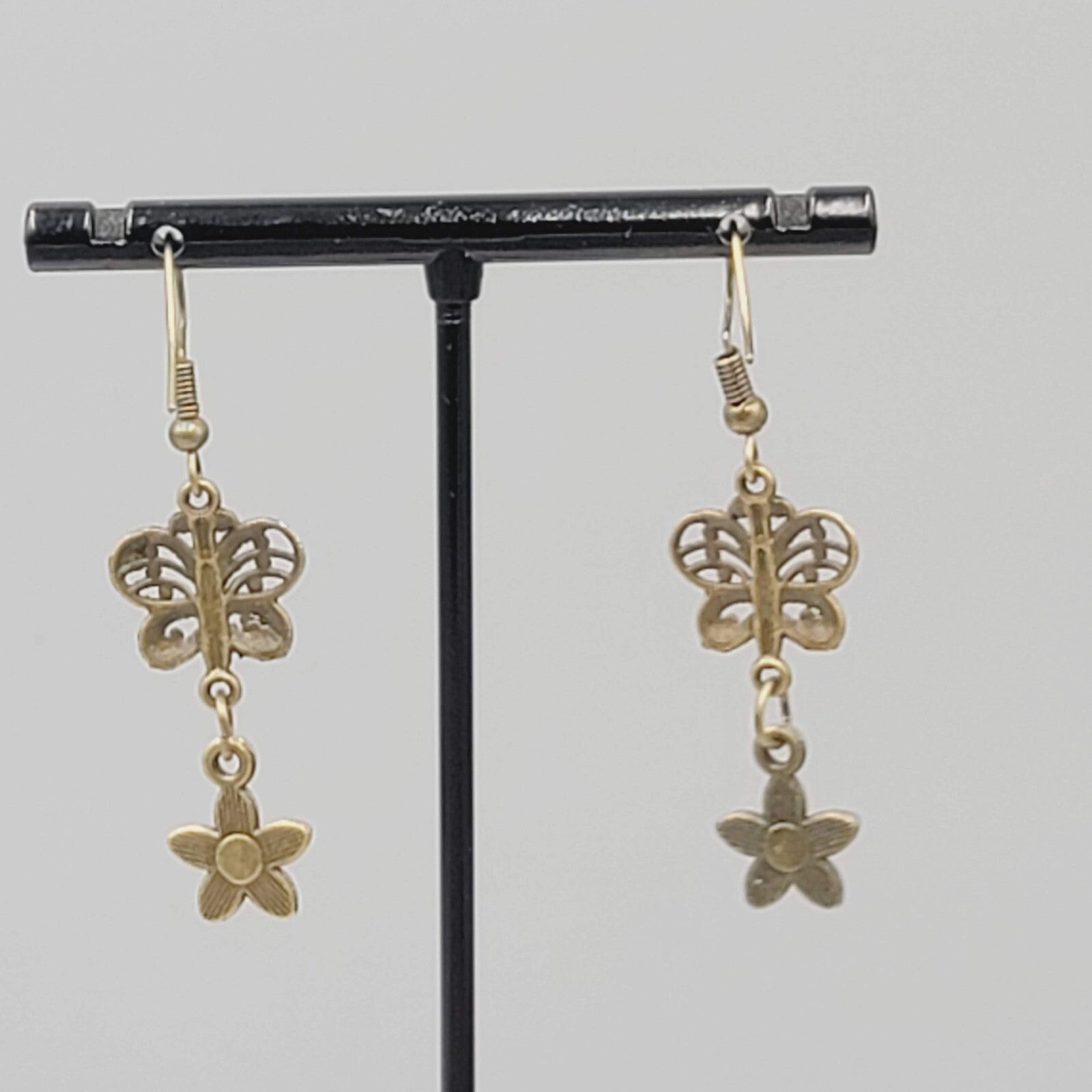 New Filigree Butterfly Flower Pierced Earrings Bronze tone Dangle 1.25"